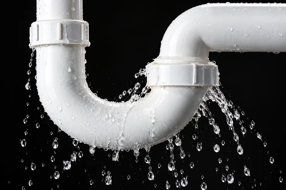 A broken pipe leaking water