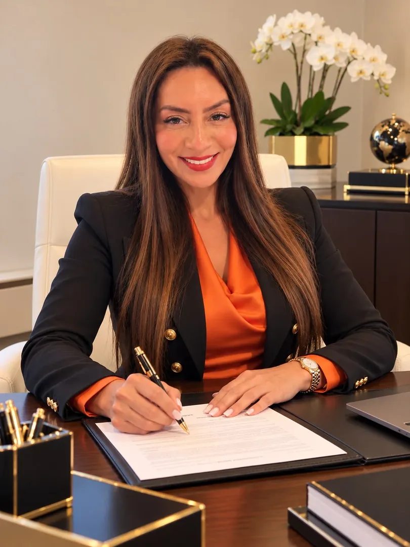 A member of the Tropical Loss Consultants team in a black blazer and orange blouse